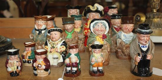 12 Royal Doulton small Toby jugs, inc Winston Churchill, Henry VIII, Town Crier, Dickens etc & 5 miniature Toby jugs